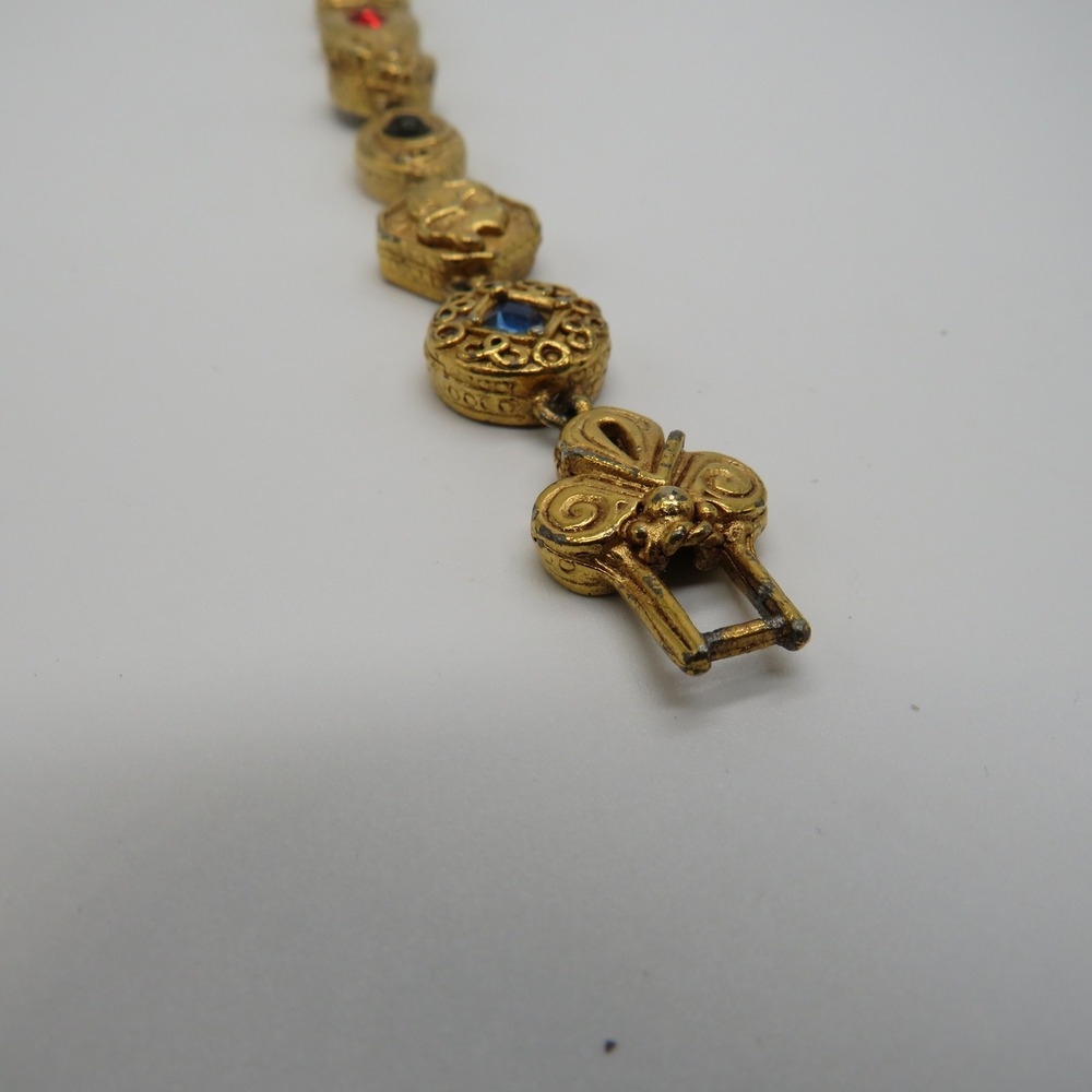 Vintage Gold Tone Multi Color Bead Charm Link Bracelet 7 Inch Ornate Boho - Picture 10 of 11